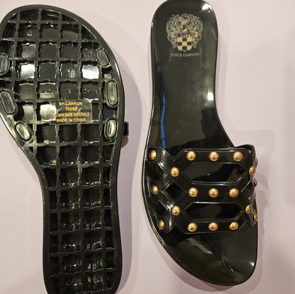Vince Camuto Black and Gold Studded Sandals